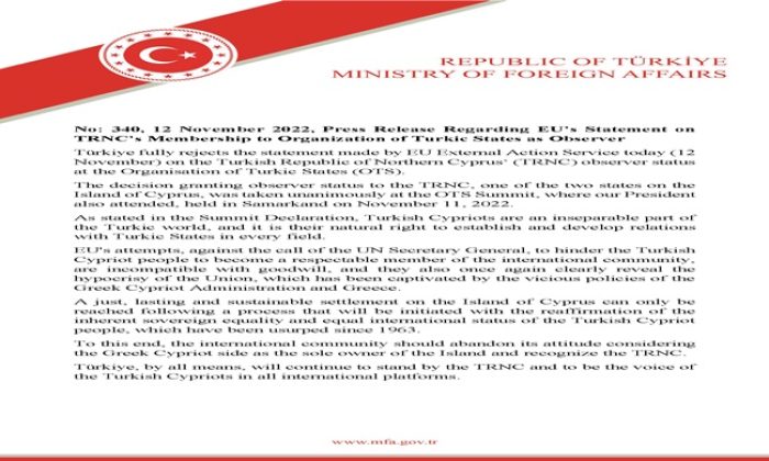 Press Release Regarding EU’s Statement on TRNC’s Membership to Organization of Turkic States as Observer